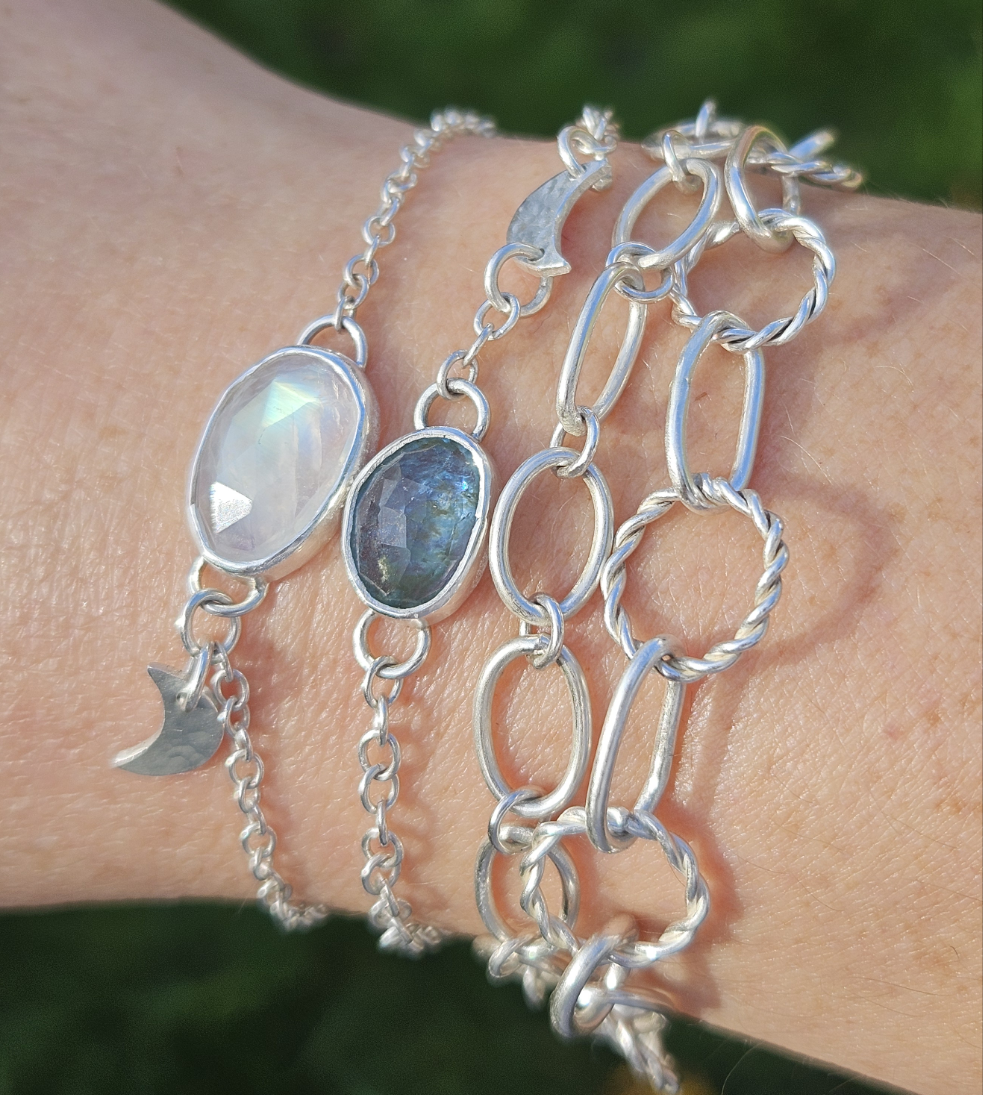 Silver moon and moonstone bracelet