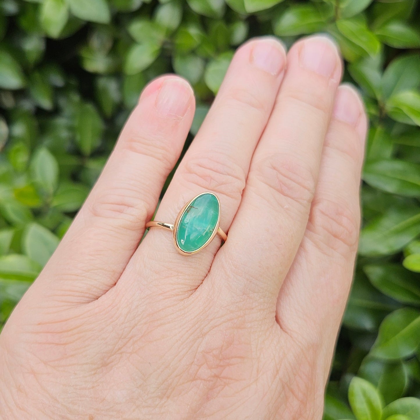 Asymmetric chrysoprase 9ct gold ring