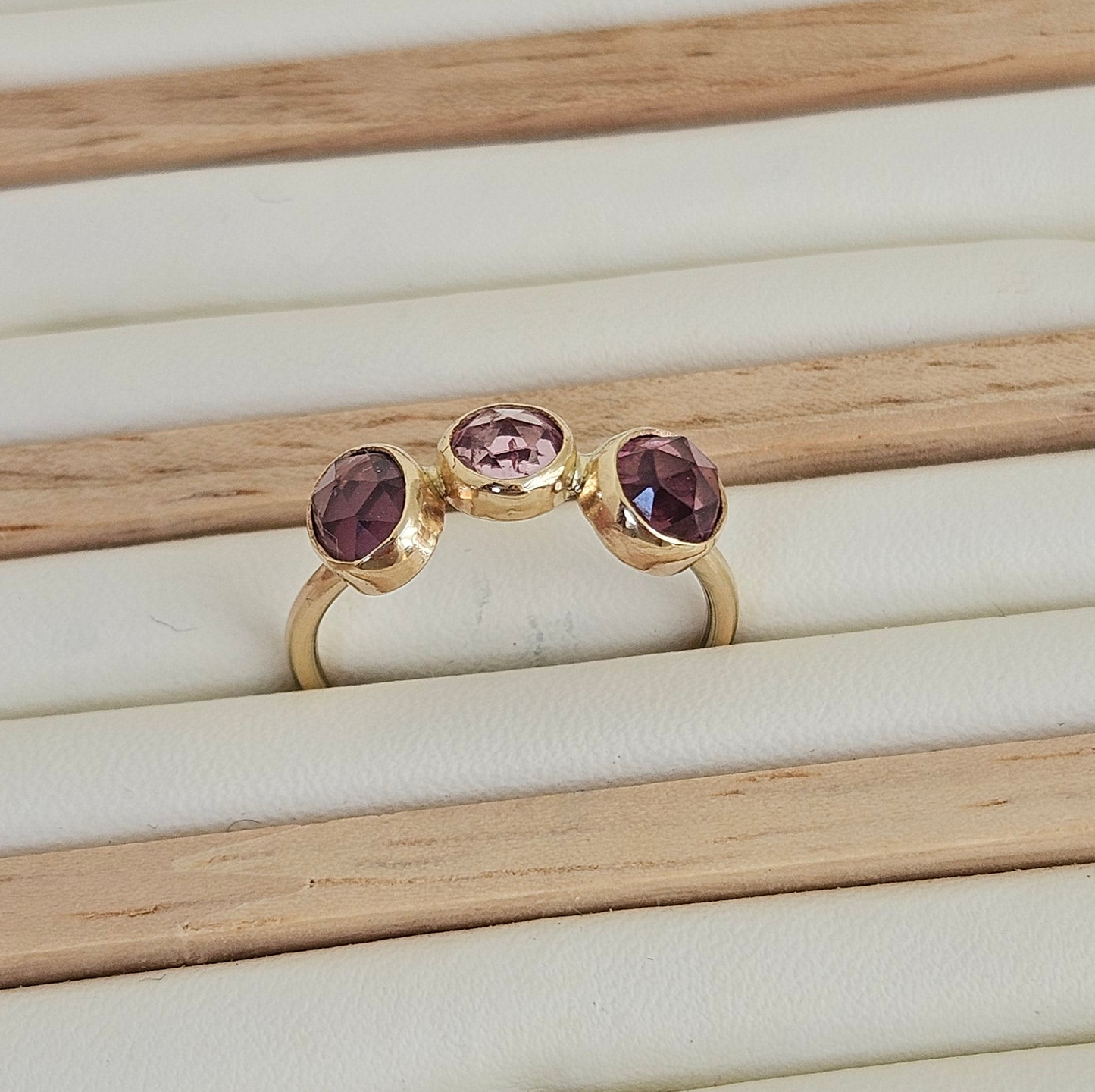 Freeform 9ct Gold Ring with three Spinels