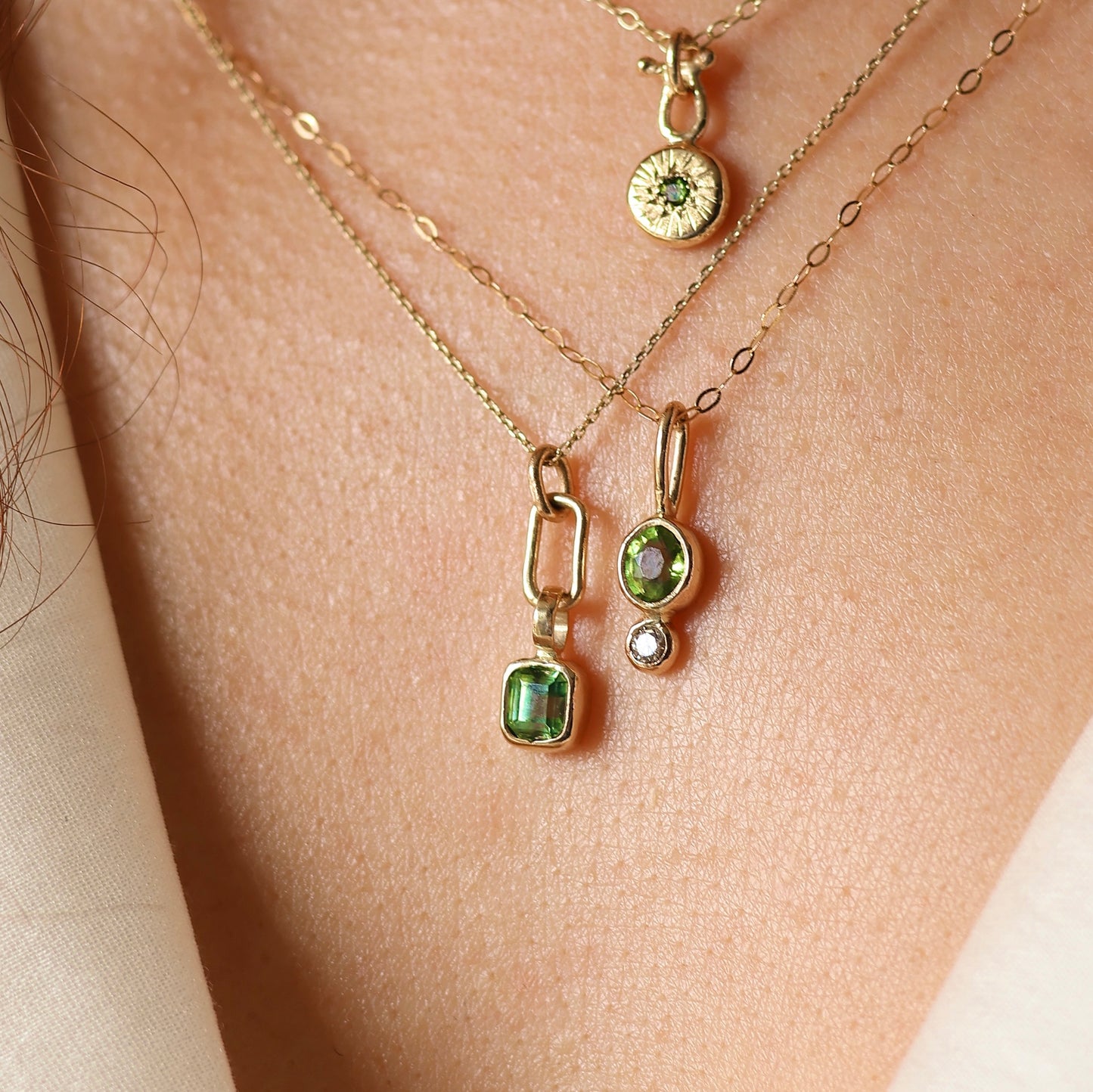 Handmade Green Zircon and  Diamond Pendant in 9ct gold