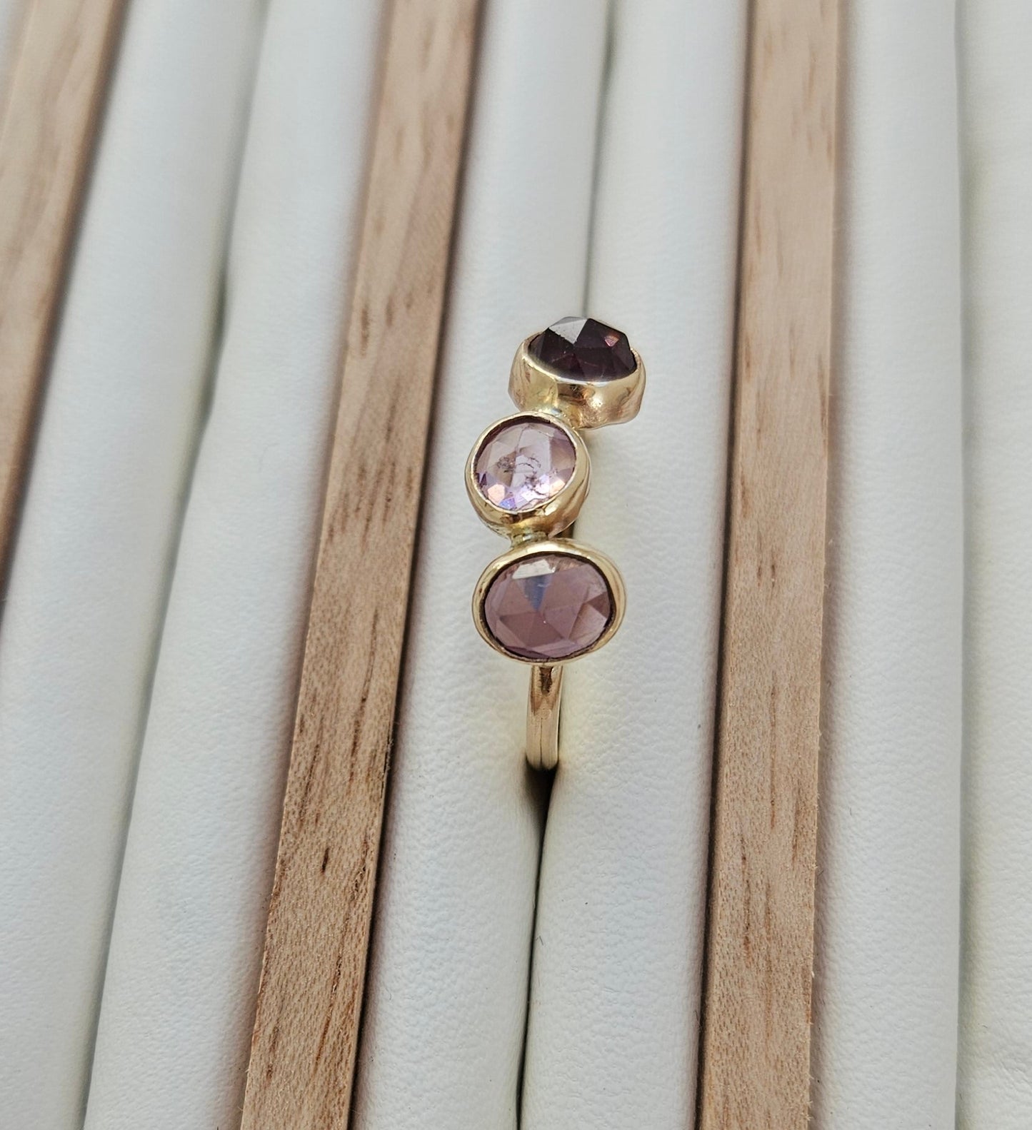 Freeform 9ct Gold Ring with three Spinels