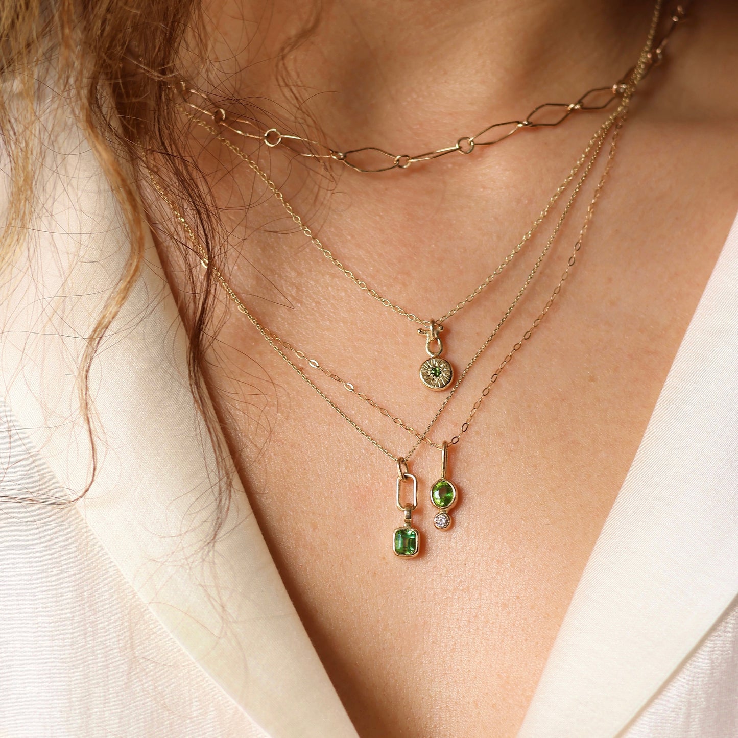 Handmade Green Zircon and  Diamond Pendant in 9ct gold