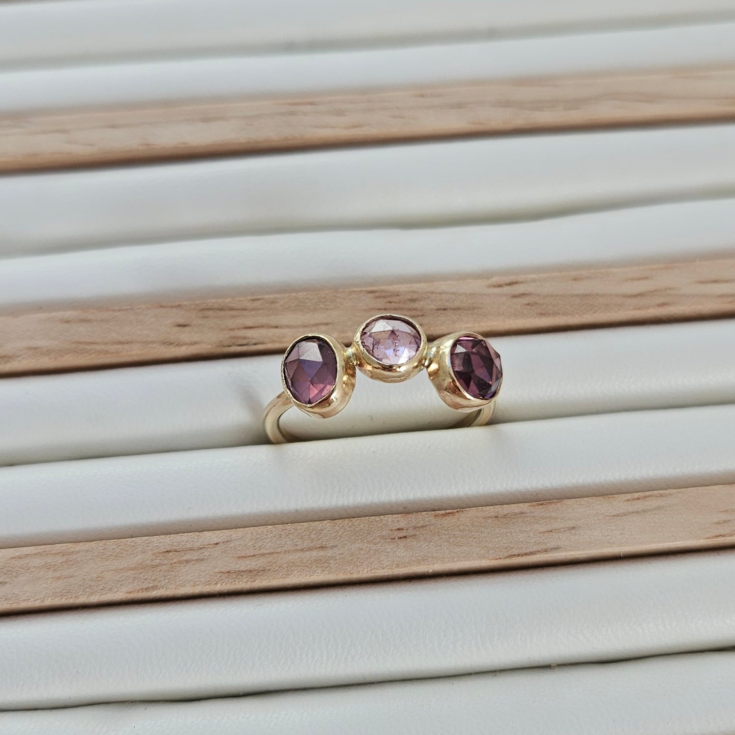 Freeform 9ct Gold Ring with three Spinels