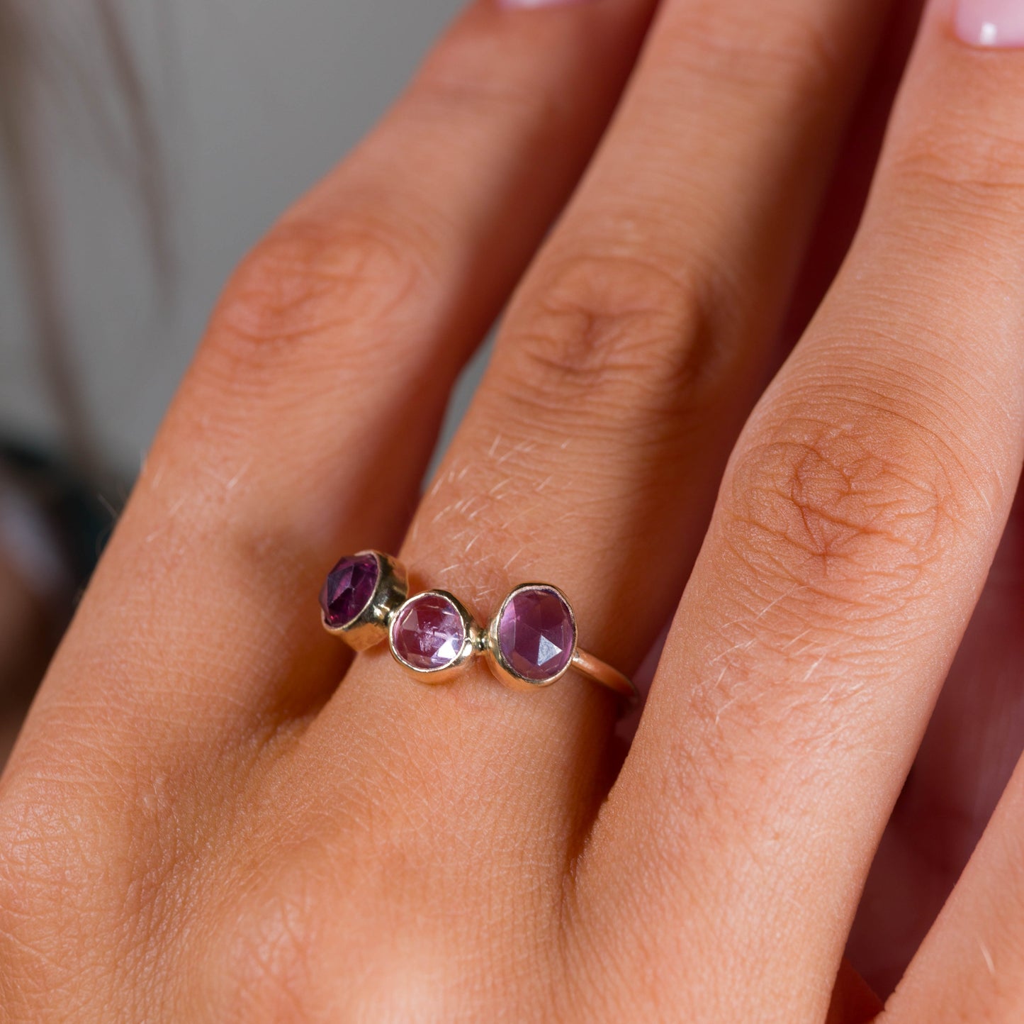 Freeform 9ct Gold Ring with three Spinels