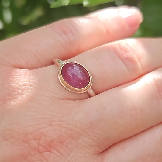Chanthaburi pink sapphire silver and gold ring.
