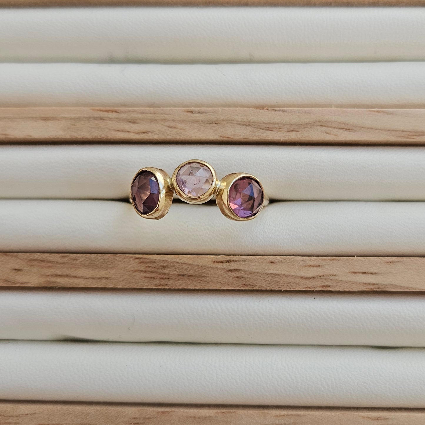 Freeform 9ct Gold Ring with three Spinels