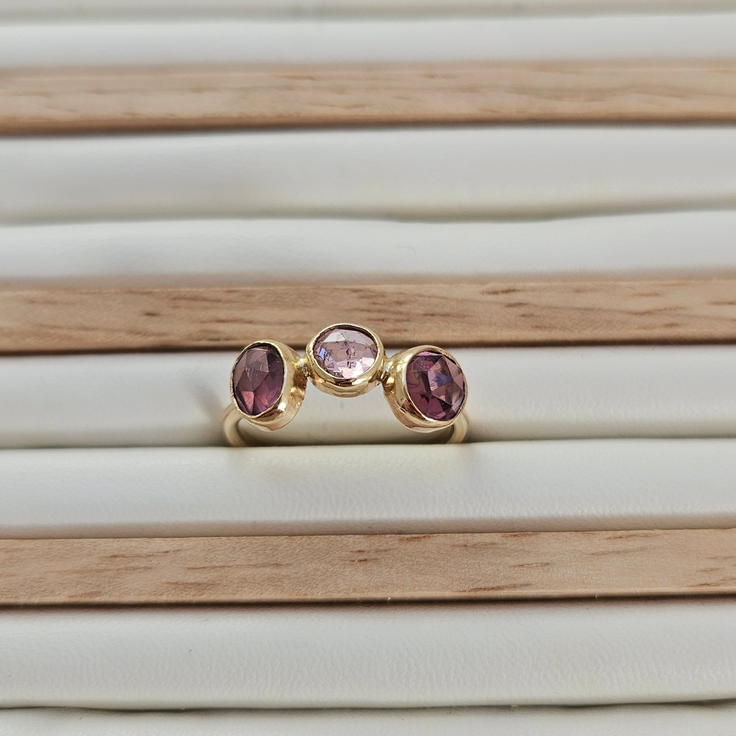 Freeform 9ct Gold Ring with three Spinels