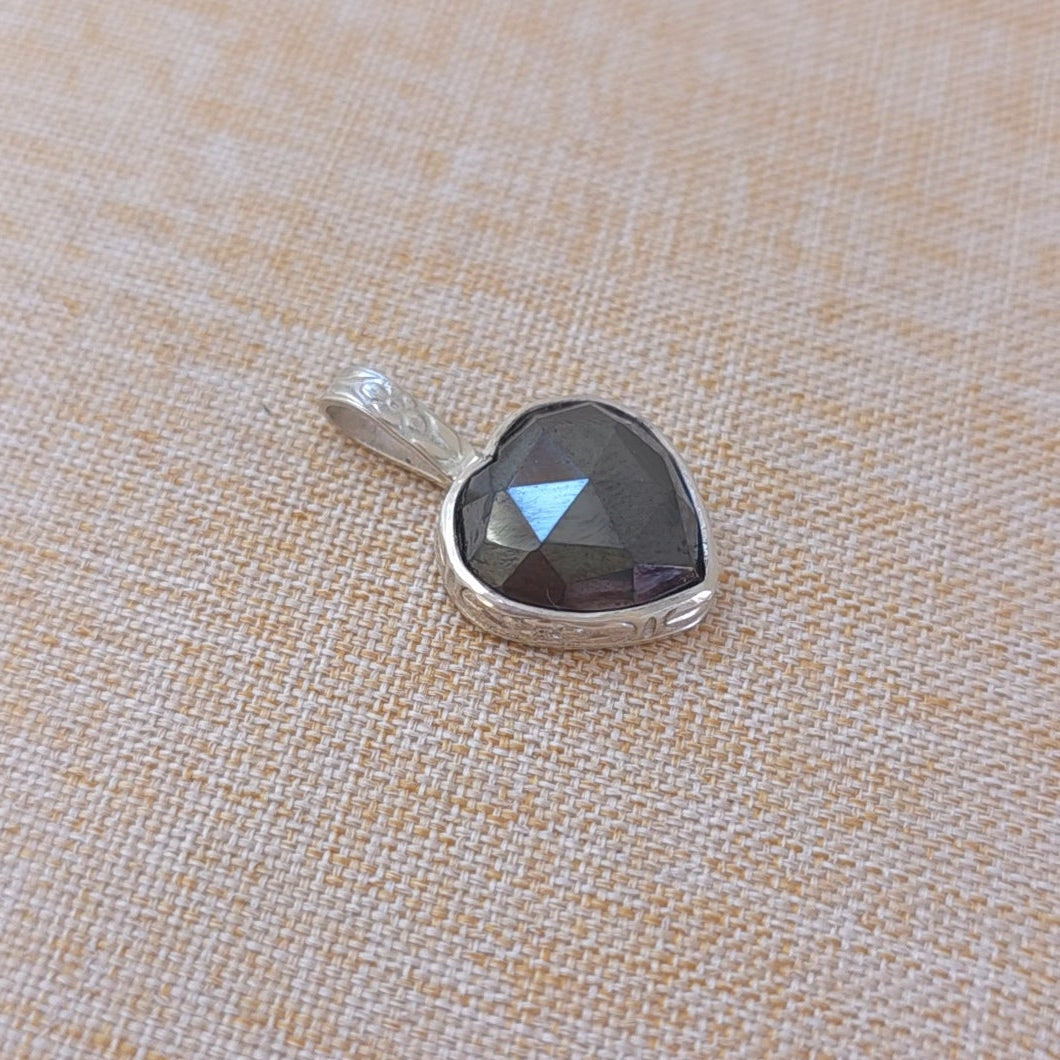 Black Hematite heart pendant in sterling silver.